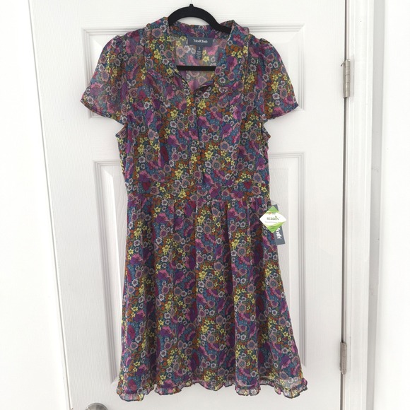 ModCloth Floral Print Dress, Fit & Flare, Collared Neck, Short Sleeve, New L - Picture 1 of 14